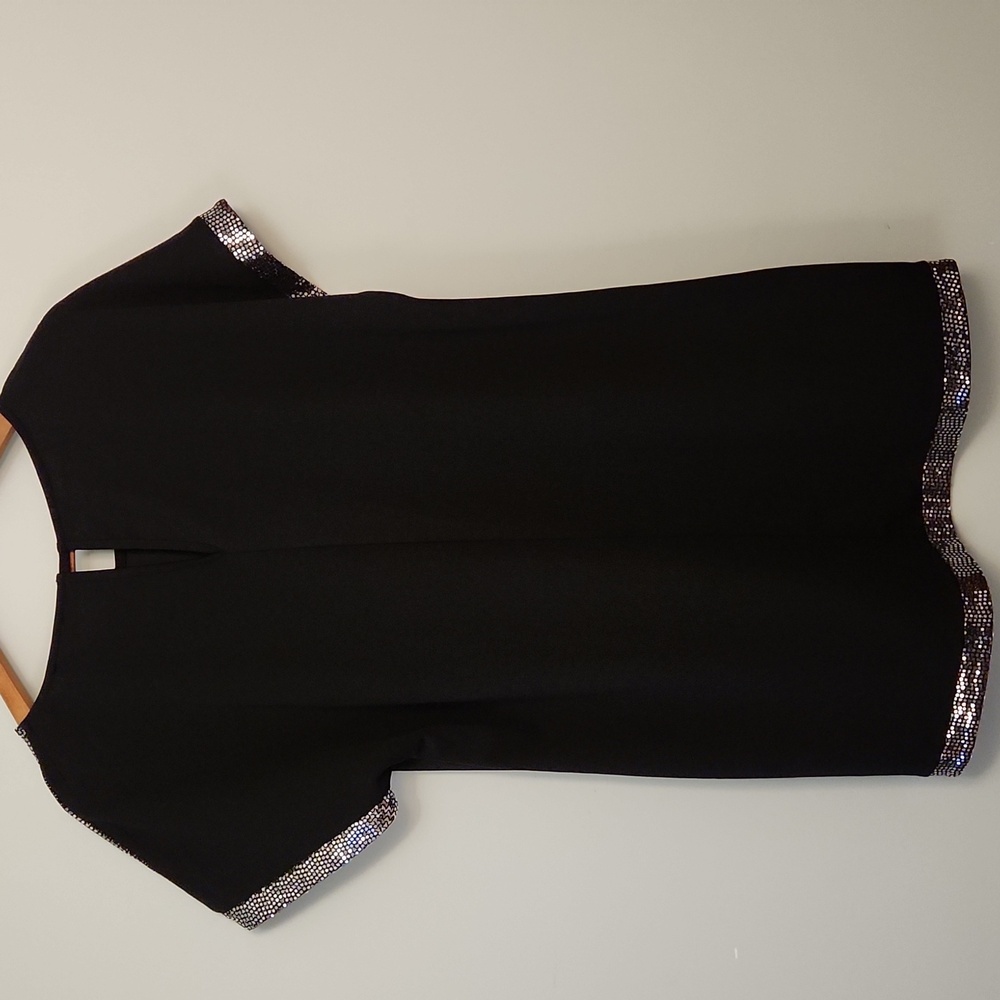 Sequin Trim Black Tunic Top – Sparkly Short Sleeve Blouse, Holiday Party Look - Picture 2 of 10